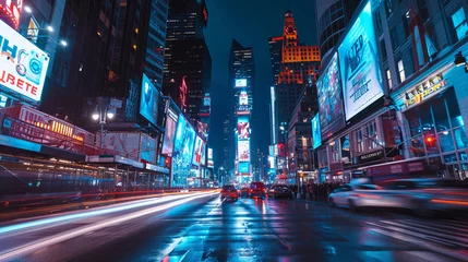Foto op Aluminium This stock photograph captures the pulsating energy of a futuristic cityscape at twilight, with neon lights and streaks of traffic that evoke a scene crafted by AI Generative creativity. © sorapop