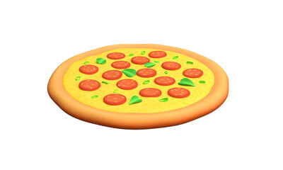 3d pizza with cheese, sausage and basil. Pepperoni pizza. Traditional Italian fast food. 3d rendering