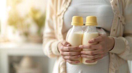 mother holds a baby milk bottle, moment of care baby and beauty with elements of health and milk in a close-up composition - obrazy, fototapety, plakaty