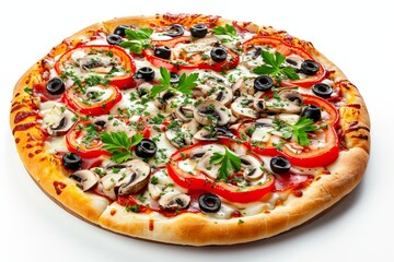 Delicious vegetarian pizza with champignon mushrooms, tomatoes, mozzarella, peppers, and black olives, isolated on a white background, isolated, close-up