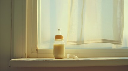 Obraz na płótnie Canvas Morning light a baby bottle sits next to a thinly curtained window.