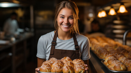 Portrait of happy young female baker standing by workplace and selling fresh pastry. female baker holding freshly baked almond croissants in background of bakery. Young smiling seller woman in cafe  - obrazy, fototapety, plakaty