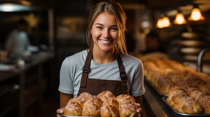 Afwasbaar Fotobehang Bakkerij Portrait of happy young female baker standing by workplace and selling fresh pastry. female baker holding freshly baked almond croissants in background of bakery. Young smiling seller woman in cafe 
