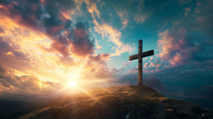 A peaceful cross at sunrise, rendered with AI, symbolizing hope and faith, is AI Generative.