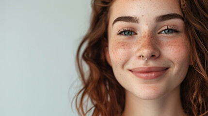 A carefree young woman with curly hair and freckles shows a playful smile is AI Generative. - obrazy, fototapety, plakaty