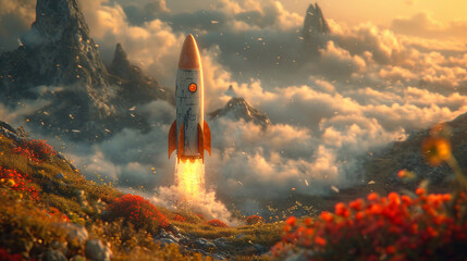 A rocket launch on a verdant alien planet, showcasing the fusion of nature and technology, is AI Generative.