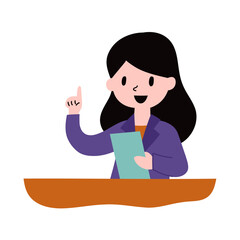 a woman sitting at a desk with a book and pointing up