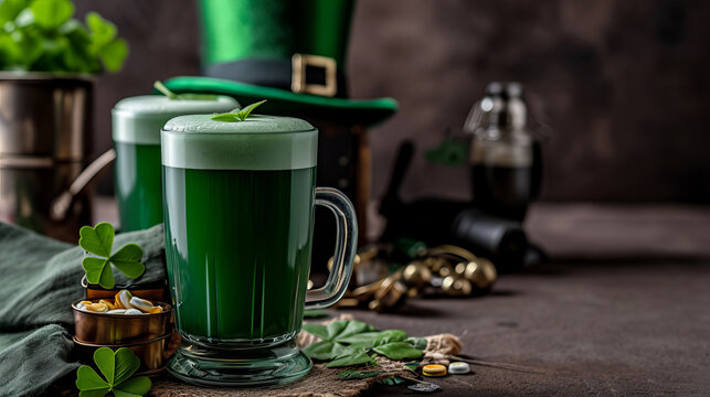 A festive St. Patrick's Day setup with green beer and decorations, perfect for AI generative representations of cultural celebrations.