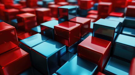 Obraz premium Abstract background of red and blue cubes. Blocks stacked in a chaotic order with reflections.