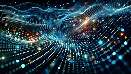Dynamic technological background. Luminous dots forming a streamlined mesh.data flow. Network connections. Technological interfaces. Digital environment. Futurism and a high-tech atmosphere.