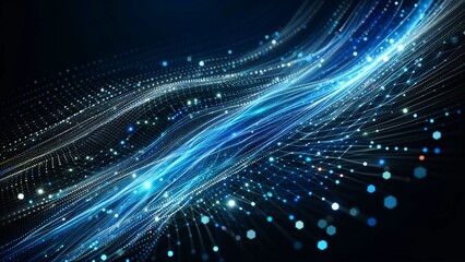 Dynamic technological background. Luminous dots forming a streamlined mesh.data flow. Network connections. Technological interfaces. Digital environment. Futurism and a high-tech atmosphere.
