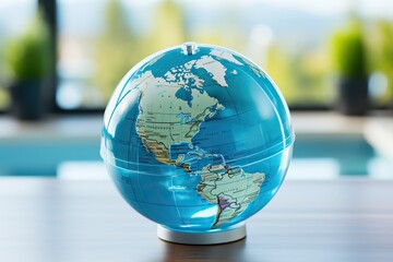 A contemporary globe on a sleek surface reflecting a serene blue tone
