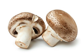 Fresh mushrooms champignons, one whole and the other cut in half isolated on a white background with clipping path