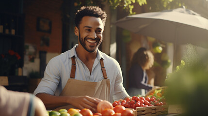 Young african american man in apron selling fresh fruits and vegetables at market