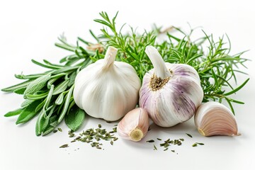 Garlic and herbs on a white background, isolated, close-up