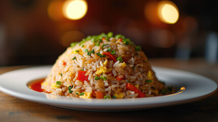 Fried rice with egg, green onions and peppers on a white plate on a wooden table. Close-up.