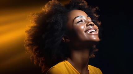 Radiant Beauty in Yellow Light. A joyful African woman basks in warm yellow light.