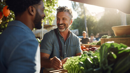 Group of diverse people buying vegetables at farmers market. They are smiling and looking at each other.