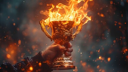 a hand holding a trophy with flames coming out of it's sides and the words, the best is yet - obrazy, fototapety, plakaty