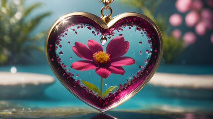 Beautiful heart shaped pendant with flowers in resin. pendant necklace.  AI generated image, ai