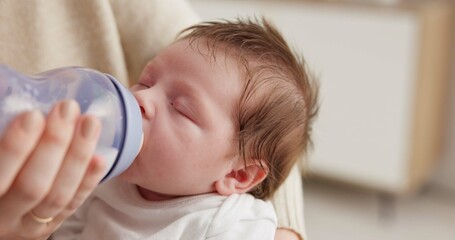 Baby, nursery and mother with bottle for feeding, drinking milk and formula for health, wellness...