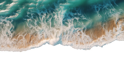 Drone view of waves reaching the sand of a beach on a cutout PNG transparent background - Powered by Adobe