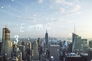 Scientific formula illustration on New York cityscape background, science and research concept....
