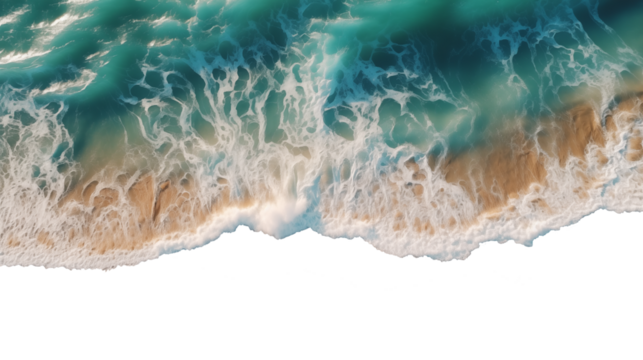 Drone view of waves reaching the sand of a beach on a cutout PNG transparent background - Powered by Adobe