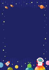 宇宙旅行のイラスト、縦長サイズコピースペースあり背景青色