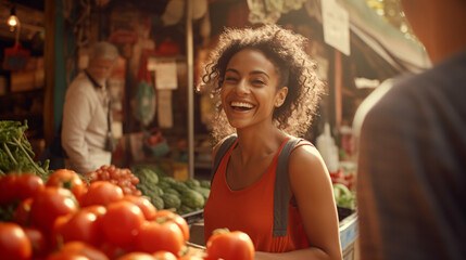 Smiling african american woman buying fruits and vegetables at market