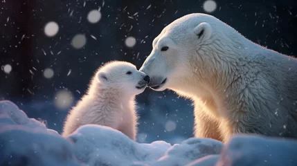 Keuken spatwand met foto a polar bear and her cub are kissing in the snow at night time © The Origin 33