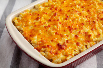 Homemade Baked Mac and Cheese in a Baking Dish, side view.