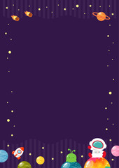 宇宙旅行のイラスト、縦長サイズコピースペースあり背景紫色