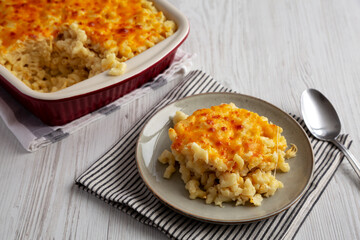 Homemade Baked Mac and Cheese on a Plate, side view.