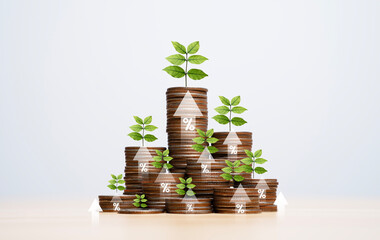 Green leaf plant growing on increasing coin stacking with up arrow for money saving deposit and...