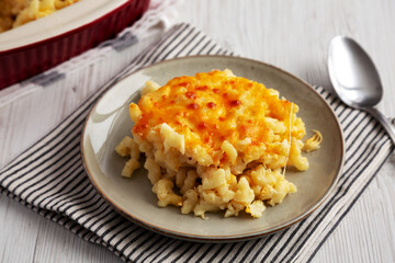 Homemade Baked Mac and Cheese on a Plate, side view.