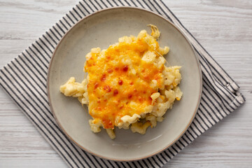 Homemade Baked Mac and Cheese on a Plate, top view.