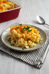 Homemade Baked Mac and Cheese on a Plate, side view.