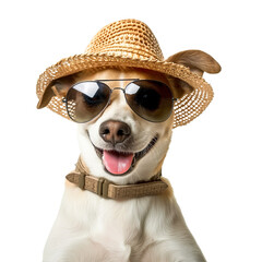 funny dog smiling and wearing sunglasses and hat isolated on transparent 