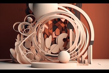 Abstract 3D composition with geometric shapes, swirls, and patterns in earth tones.