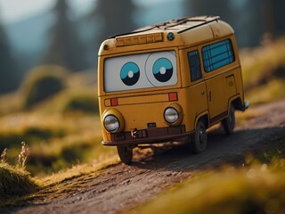 Yellow toy bus on the road