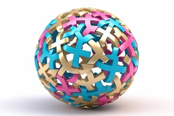 3D illustration of intertwined colorful lattice sphere on white background.