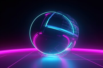 Crystal ball illuminated by neon lights with a futuristic glow, showcasing vibrant pink and blue hues on a dark background.