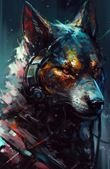 Abstract acrylic painting portrait of a fox wearing a space suit