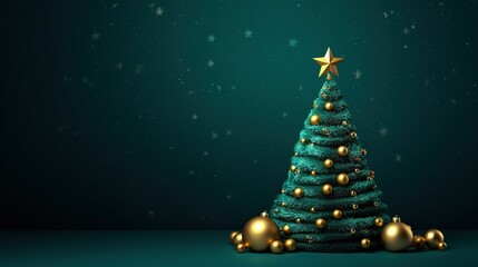 A teal Christmas tree beautifully decorated with golden baubles and a star, set against a starry night background.