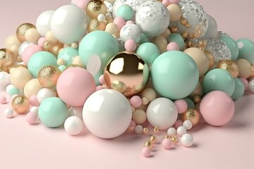 Pastel colored spheres with golden balls on a light background.