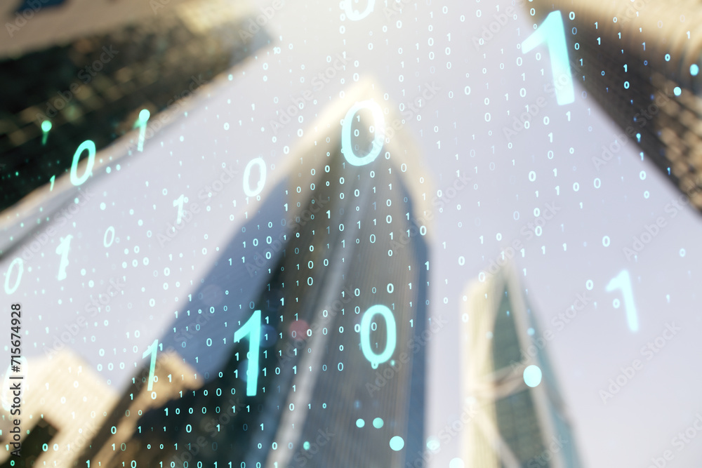 Leinwandbilder Abstract virtual binary code sketch on blurry cityscape background, hacking and matrix concept. Multiexposure