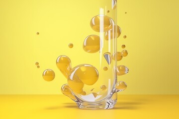 Transparent soap bubbles with reflections on a yellow background.
