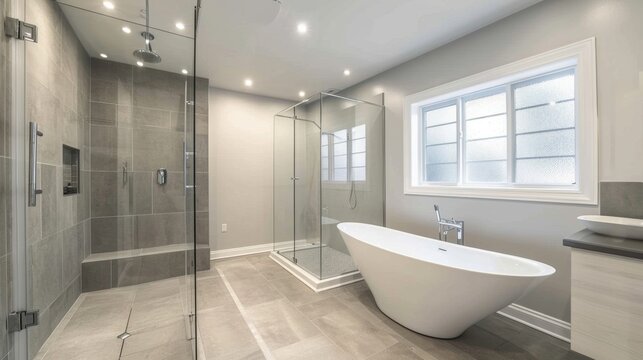 Interior Design Mockup: A contemporary bathroom with a freestanding tub, a frameless glass shower, slate tiles, and chrome fittings