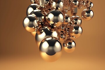 Abstract 3D render of metallic spheres connected by rods on a warm gradient background.